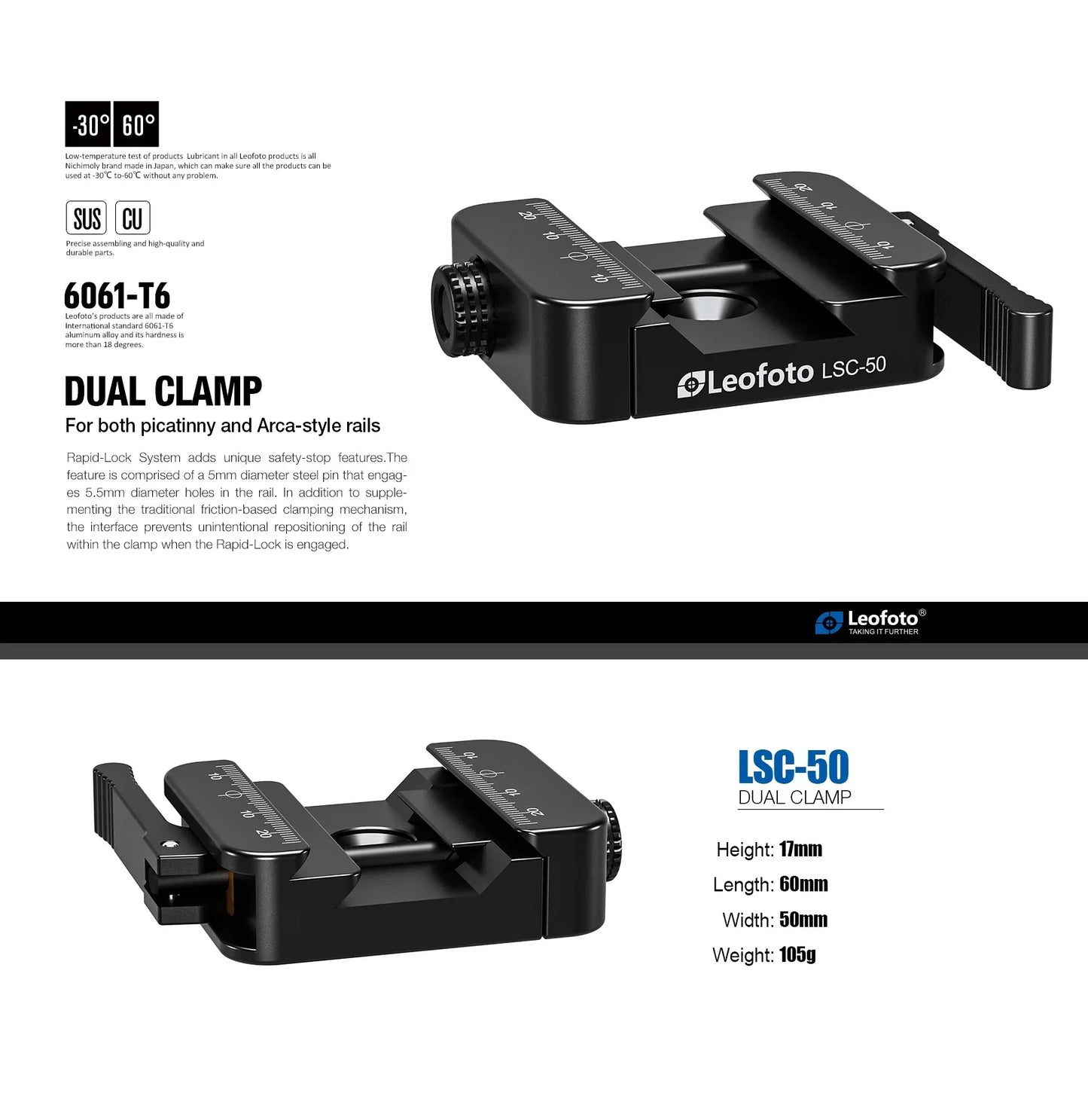 Leofoto MA-40SC Rifle 40mm Lever-Control Rapid Lock Ball Head With Dual Arca / Picatinny Clamp