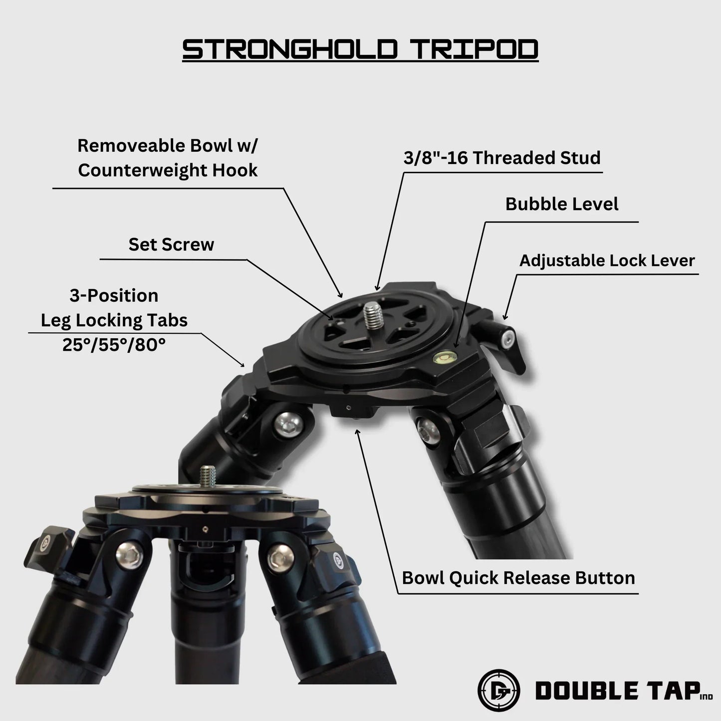 Double Tap Ind Stronghold Carbon Fiber Tripod + Leveling Head